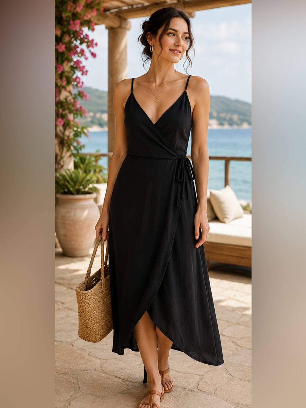 ASOS Black Wrap Midi Dress Adjustable Straps V-Neck Size 8